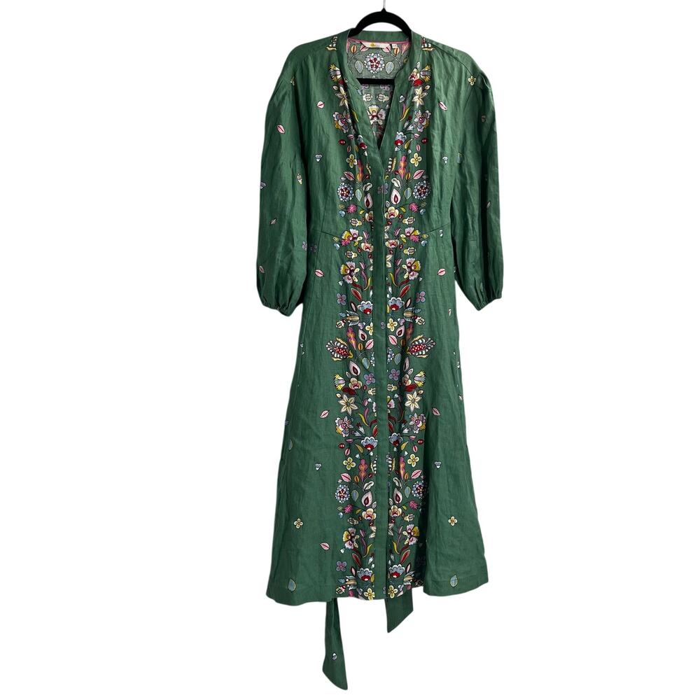 Boden Maxi Green Linen Print Belted Boho Dress Women’s 12R Prairie Event - Picture 2 of 11